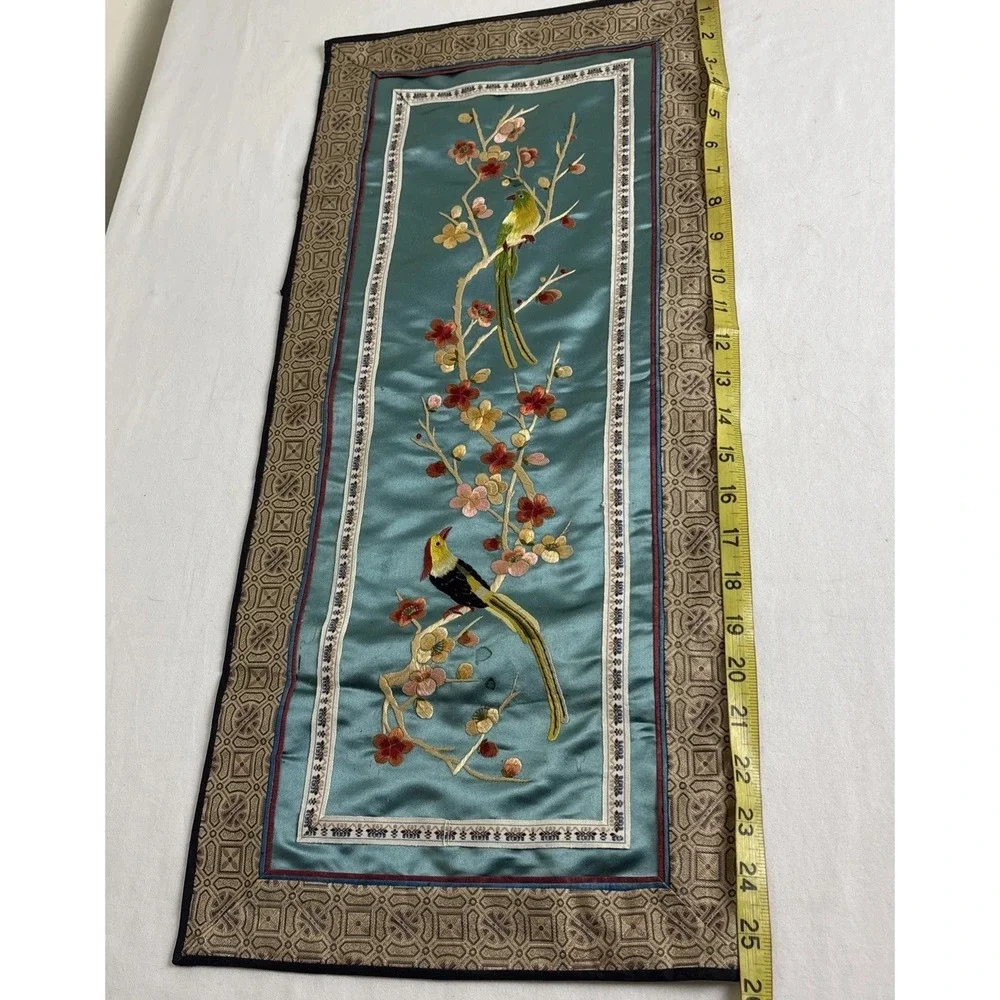 Vintage Chinese Silk Embroidery Panel Birds Teal Silk Metallic 11.5x25